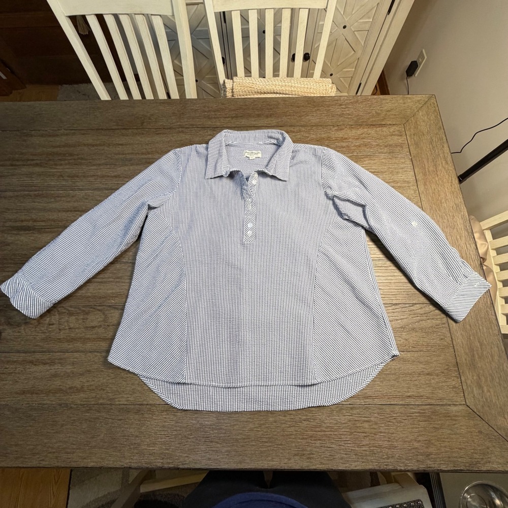Norm Thompson Nautical Blue White Striped‎ Seersucker Henley Tunic Top XL